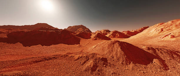 istock Mars landscape, 3d render of imaginary mars planet terrain, science fiction background 1722297302