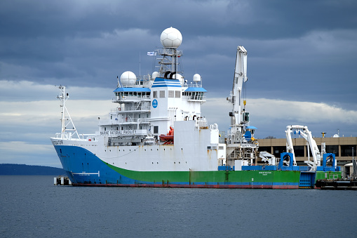 The RV Investigator moored in Hobart, a 94-metre ocean research vessel who supports biological, oceanographic, geological and atmospheric research. Tasmania, Australia.