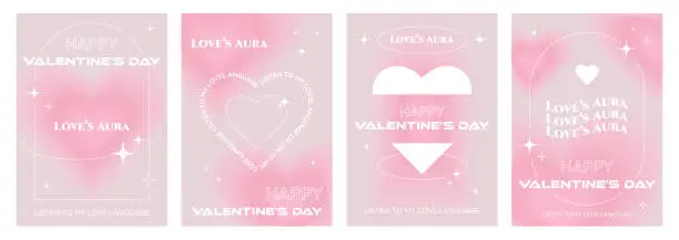 Vector illustration of Happy Valentine's Day poster set in trendy y2k aesthetic, covers, vertical banners, flyers with blurred hearts and black thin frames, vector illustration.