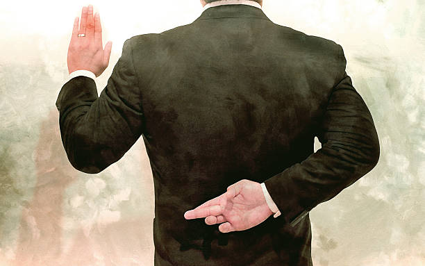 Illustration: Lie Editorial style illustration of a business man or politician taking an oath. This is a two part illustration. corruption stock pictures, royalty-free photos & images