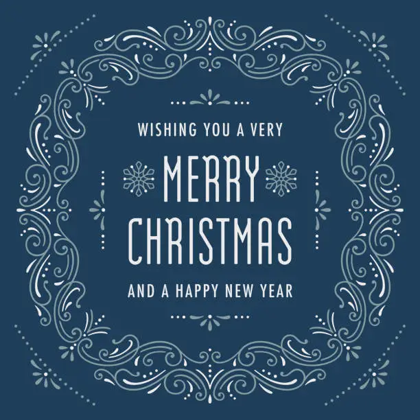 Vector illustration of Ornate Square Christmas Greeting Card with Swirl Frame and Typography