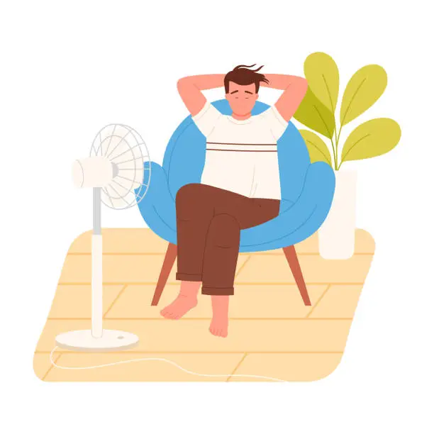 Vector illustration of Relaxed boy in armchair with fan