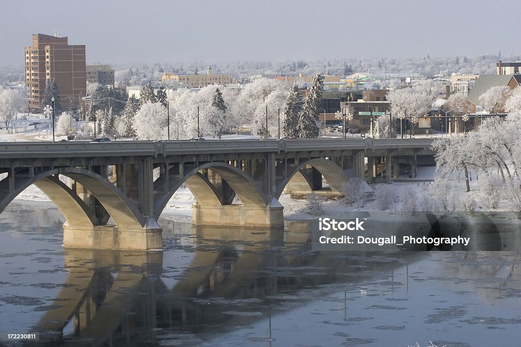 South Saskatchewan River, Broadway Bridge and Hoarfrost "South Saskatchewan River, Broadway Bridge and Hoarfrost.  Bridge visible in foreground with highrise apartment building visible in background." Apartment Stock Photo