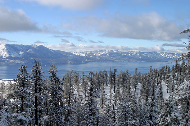 Lake Tahoe Nevada with snow laden pines, the blue waters of Lake Tahoe and the pristine Sierra Nevada mountains in the background.