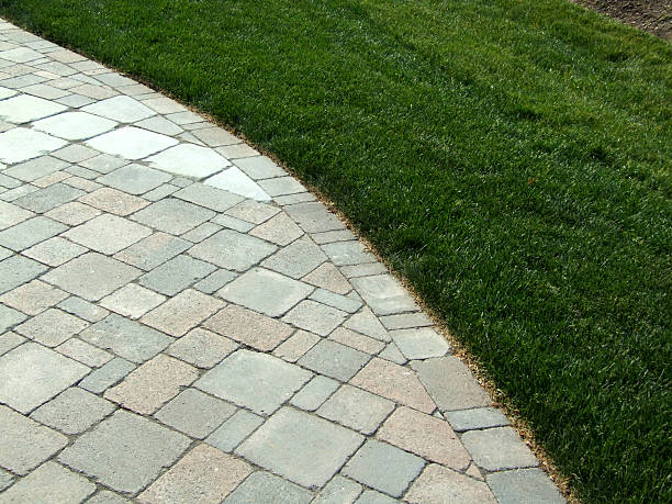 곡선형 결석, 잔디 - driveway patio stone footpath 뉴스 사진 이미지