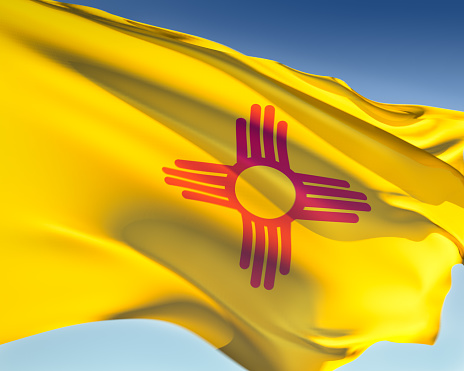 New Mexico flag waving in the wind. Elaborate rendering including motion blur and even a fabric texture (visible at 100%).