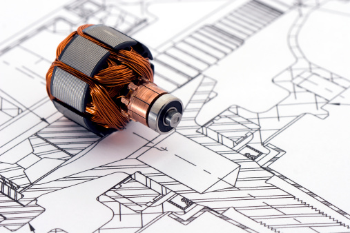 Close up of engineering drawing with electric motor