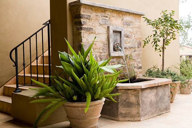 Outdoor wall fountain guides the way to an exterior staircase in this very large home.