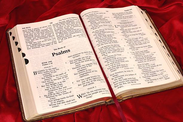 istock Religious: Open Bible to Psalms on red velvet 172233033