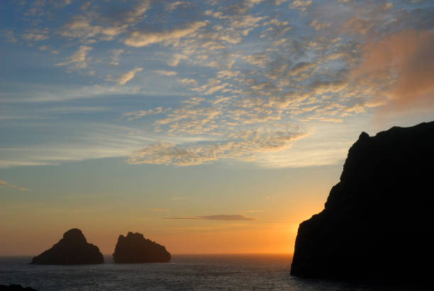 Sunset at Heimaey (Iceland) with many birds as small silhouettes near the cliff.See also my lightbox