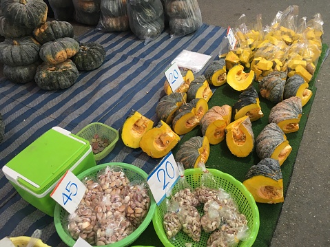 Fresh vegetables for sale at a market in Lamphun Province, northern Thailand.
