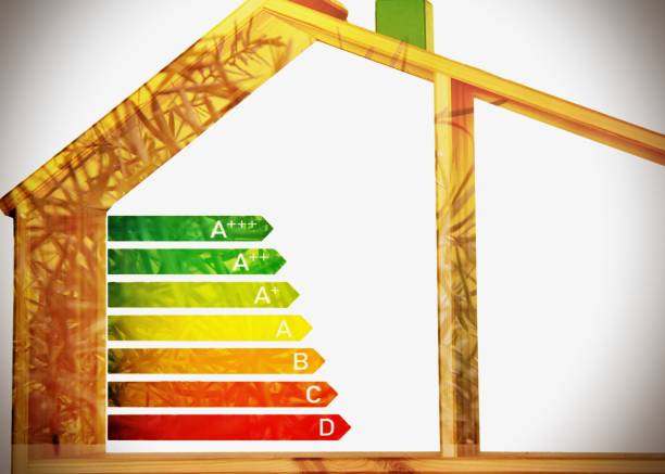 istock Energy efficient house concept with classification graph sign, home energy efficiency rating isolated, wooden smart eco house certification system, good ecological and bio energetic rating . 1722348047