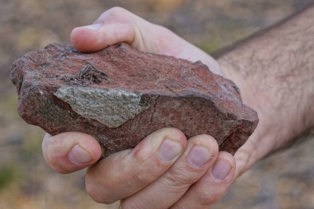 uma mão de homem segura um grande pedaço marrom de pedra - throwing stone human hand rock - fotografias e filmes do acervo