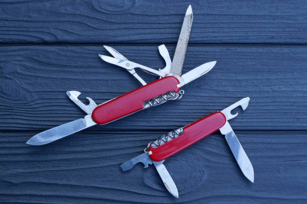 istock two open folding knives multitools with red handles with gray blades 1722357475