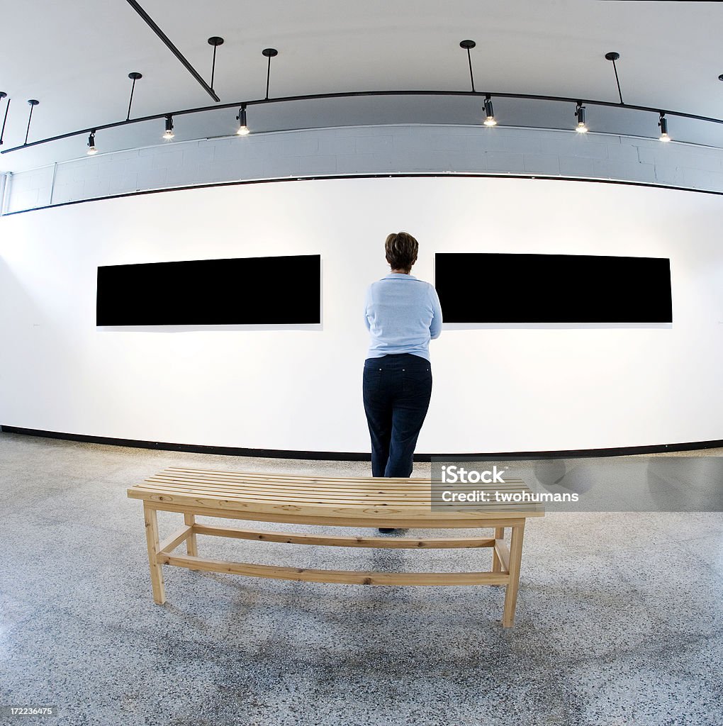 Art inspiration "One woman looking at two black frames in an art gallery. Concepts: art, museum; culture, space; room; exhibition. Fisheye, wide angle." Art Stock Photo