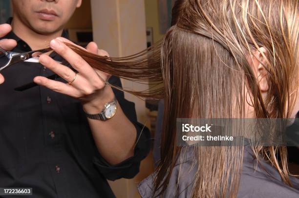 Cabeleireiro Cortar O Cabelo De Uma Mulher - Fotografias de stock e mais imagens de Adulto - Adulto, Cabeleireiro, Cabelo Humano