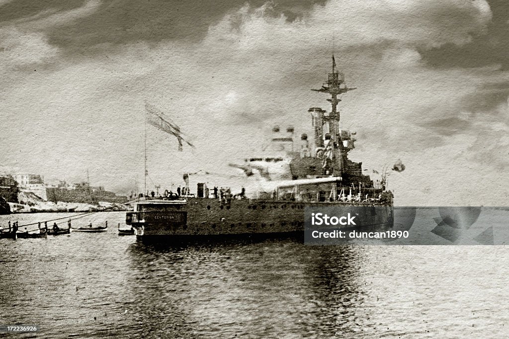 HMS Centurion "Vintage photograph of HMS Centurion taken in 1923, in Malta harbour.   She took part in the Battle of Jutland in the first world war, and she also took part in world war two.  NOTE: Real historic photo so the quality is not great." World War I Stock Photo