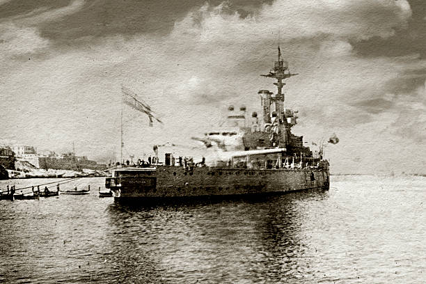 HMS Centurion "Vintage photograph of HMS Centurion taken in 1923, in Malta harbour.   She took part in the Battle of Jutland in the first world war, and she also took part in world war two.  NOTE: Real historic photo so the quality is not great." malta photos stock pictures, royalty-free photos & images