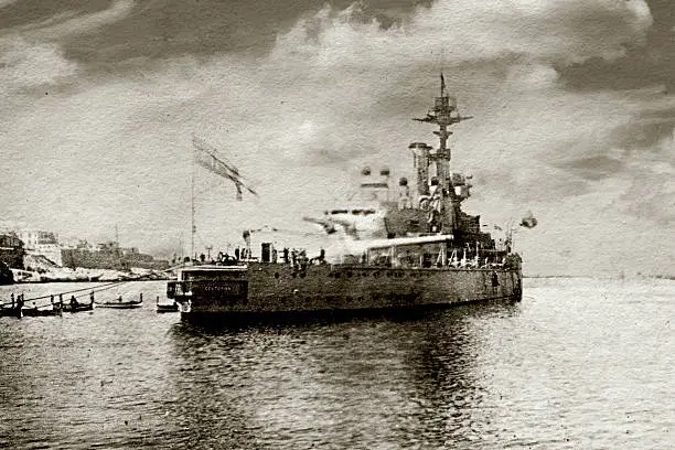 "Vintage photograph of HMS Centurion taken in 1923, in Malta harbour.   She took part in the Battle of Jutland in the first world war, and she also took part in world war two.  NOTE: Real historic photo so the quality is not great."