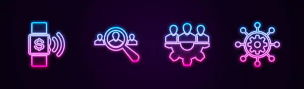 Vector illustration of Set line Contactless payment, Magnifying glass for search people, Project team base and management. Glowing neon icon. Vector