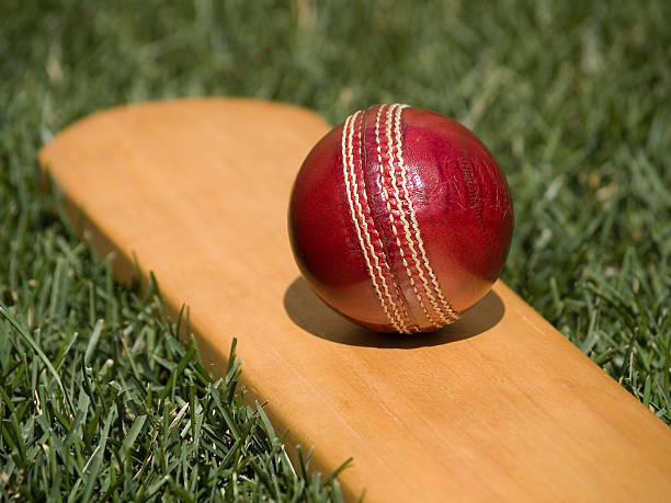 Cricket Ball A Leather Cricket Ball On Bat. cricket bat stock pictures, royalty-free photos & images