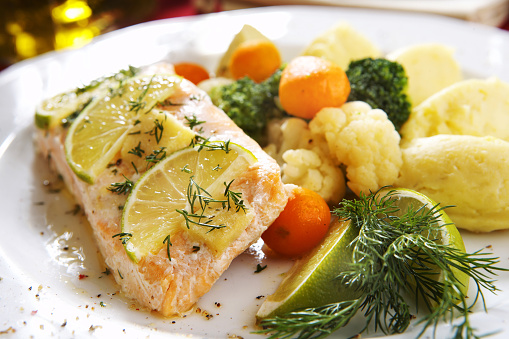 Baked salmon fillet with vegetables