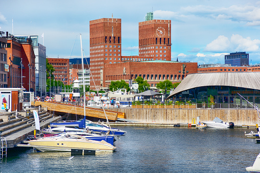 View of Oslo City Hall seen from harbor, Norway