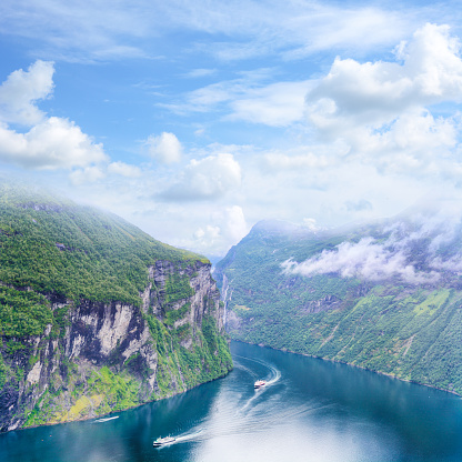 The Geirangerfjorden is a 15km long branch off of the Sunnylvsfjorden, which is a branch off of the Storfjorden (Great Fjord). Composite photo