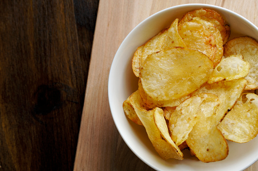 bowl of potato chips,(crisps)