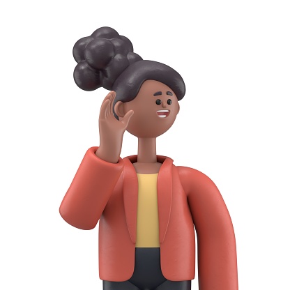 3D illustration of african woman Coco try to hear you overhear listening intently looking camera.3D rendering on white background.