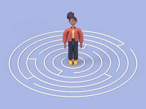 3D illustration of african woman Coco standing in the center of a maze.artwork concept depicts challenge, finding the way out, escape, hurdles, solving issue, and solution for problem.