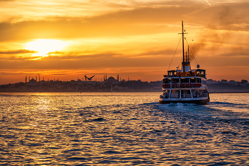 İstanbul, Turkey - May 16, 2018: Passenger Ferry in the Bosphorus at sunset, istanbul, TURKEY