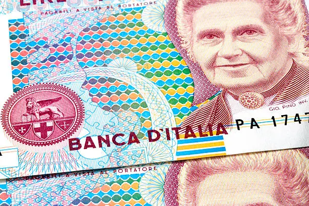 1000 Lira Italian Bank note Banca D'Italia Lire.  Wide Depth of Field.