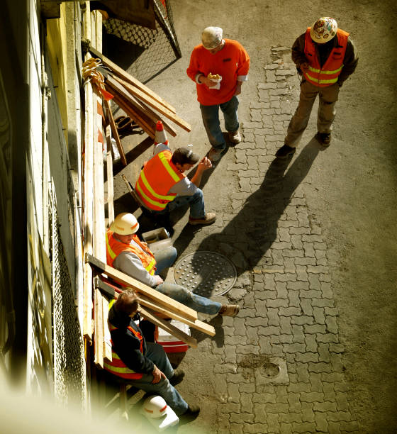 Construction workers having a break stock photo