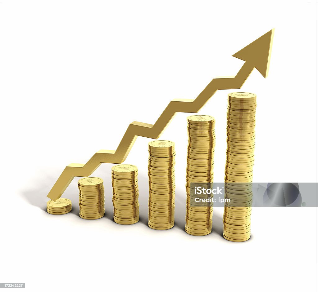 Money Saving Graph Increasing piles of gold coins with arrow on white floor symbolizing growing wealth, rising price, higher interests ect. Gold - Metal Stock Photo