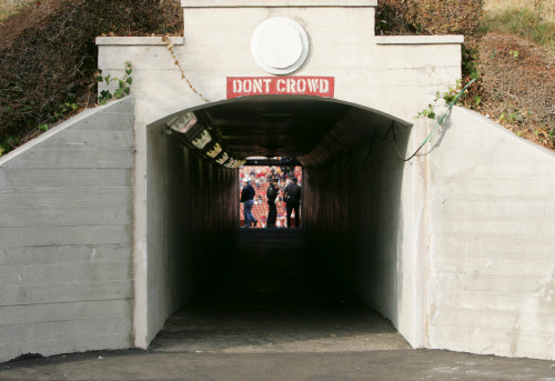 An entrance tunnel to the Los Angeles Memorial Coliseum on a college football game day