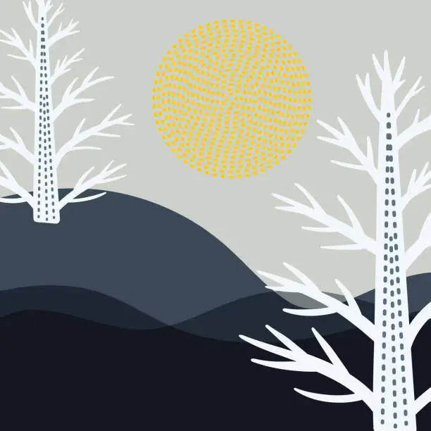 Vector illustration of Winter gray minimalistic landscape. Abstract dotted sun. Square winter snowy background for social media. Vector illustration