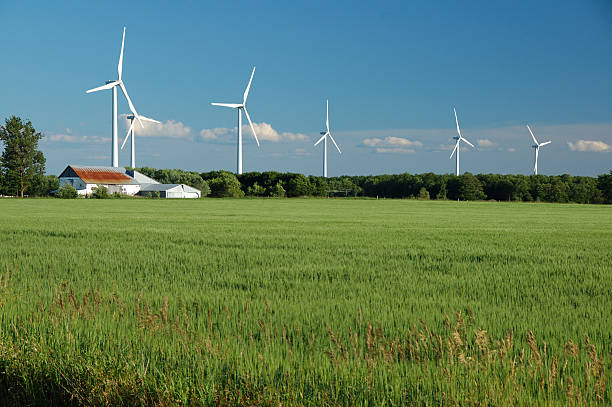 Power generating wind farm in the Ontario countryside stock photo