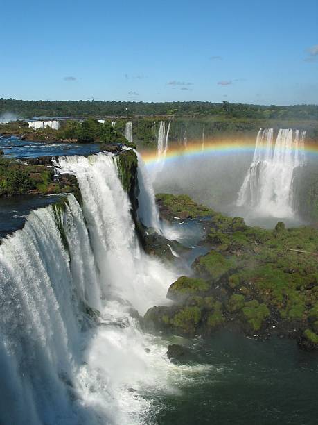 Iguacu Falls Waterfall with Rainbow stock photo