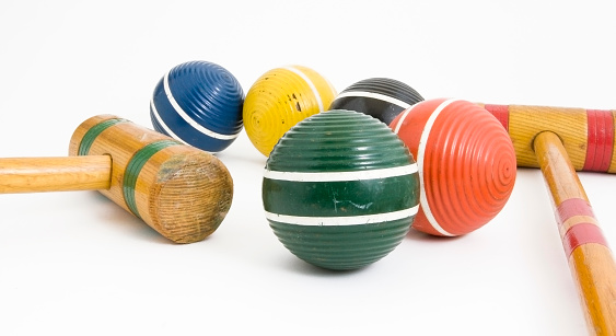 A colorful display of a vintage Croquet set