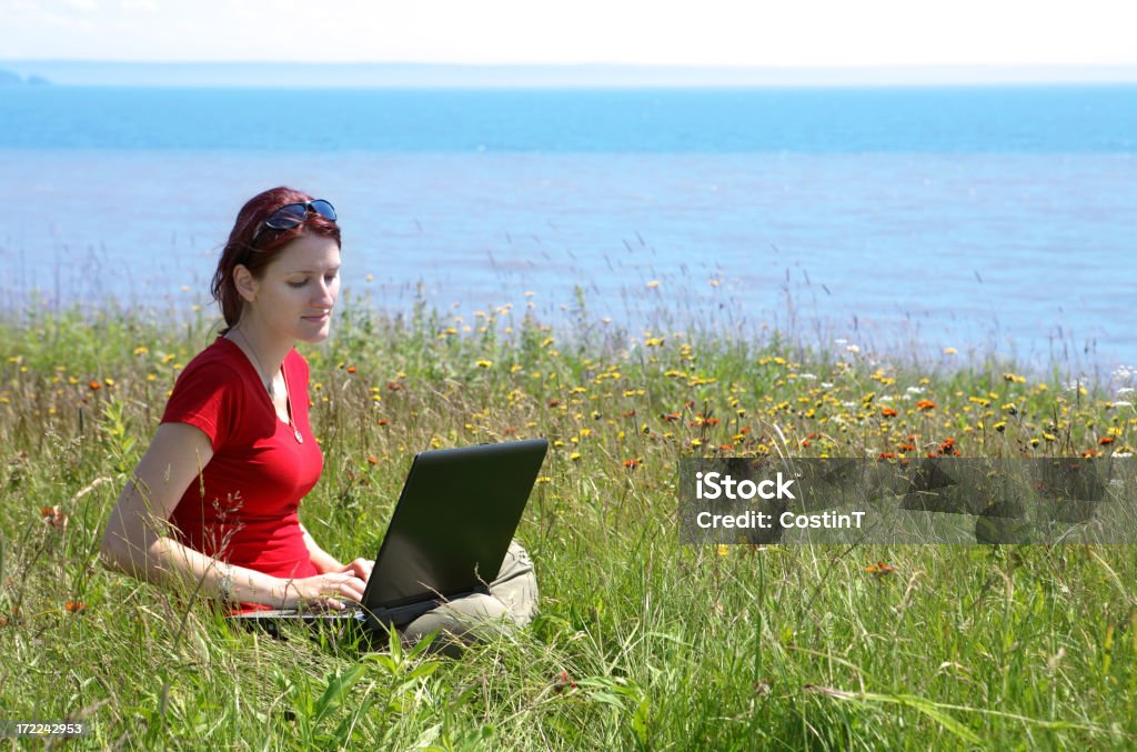 Woman working on laptop outdoors in field.  20-29 Years Stock Photo