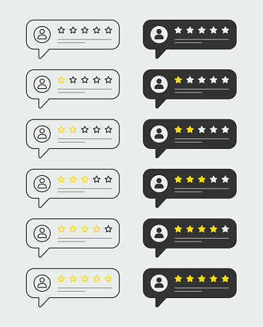 Five star rating speech bubbles. Vector feedback symbols design template set with editable stroke. Feedback, review, rate us, online shopping