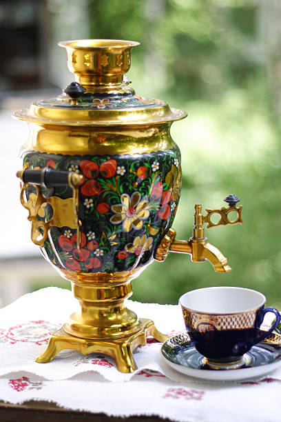 Outdoor tea drinking. Russian culture stock photo