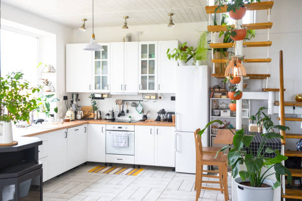 istock The general plan of a light white modern rustic kitchen with a modular metal staircase decorated with potted plants. Interior of a house with homeplants 1722434139