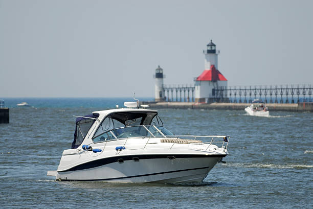 Sport motor yacht at St Joseph harbor on southern Lake Michigan