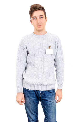 Young Man with the Empty Badge Isolated on the White Background