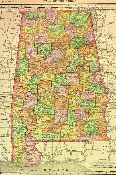 Alabama Old Map An old map of the state of Alabama scanned from a XIX century original (copyright - free) CLICK ON THE LINKS BELOW FOR HUNDREDS OF SIMILAR IMAGES: alabama map stock illustrations