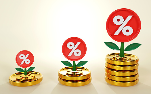 3D rendering of red percentage symbol with gold coins stack, on color background, Interest rate and rising inflation concept