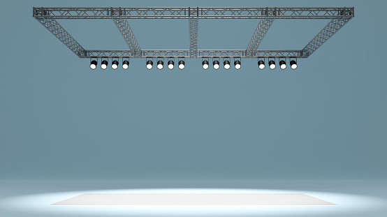 3D rendering of lighting and spotlight with rigging truss system for all events on color background, Construction design concept