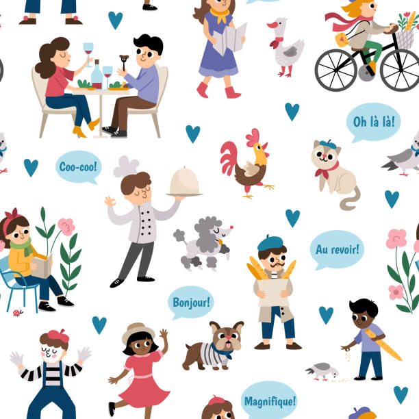 Vector seamless pattern with people of France. Repeating background with French men, animals, phrases. Cute Paris digital paper with cockerel, mime, cook, reading woman, boy, baguette Vector seamless pattern with people of France. Repeating background with French men, animals, phrases. Cute Paris digital paper with cockerel, mime, cook, reading woman, boy, baguette bulldog reading stock illustrations